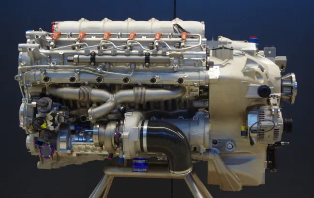 The RED A03 V-12 aircraft engine, with gearbox. Credit Powerairconsult.