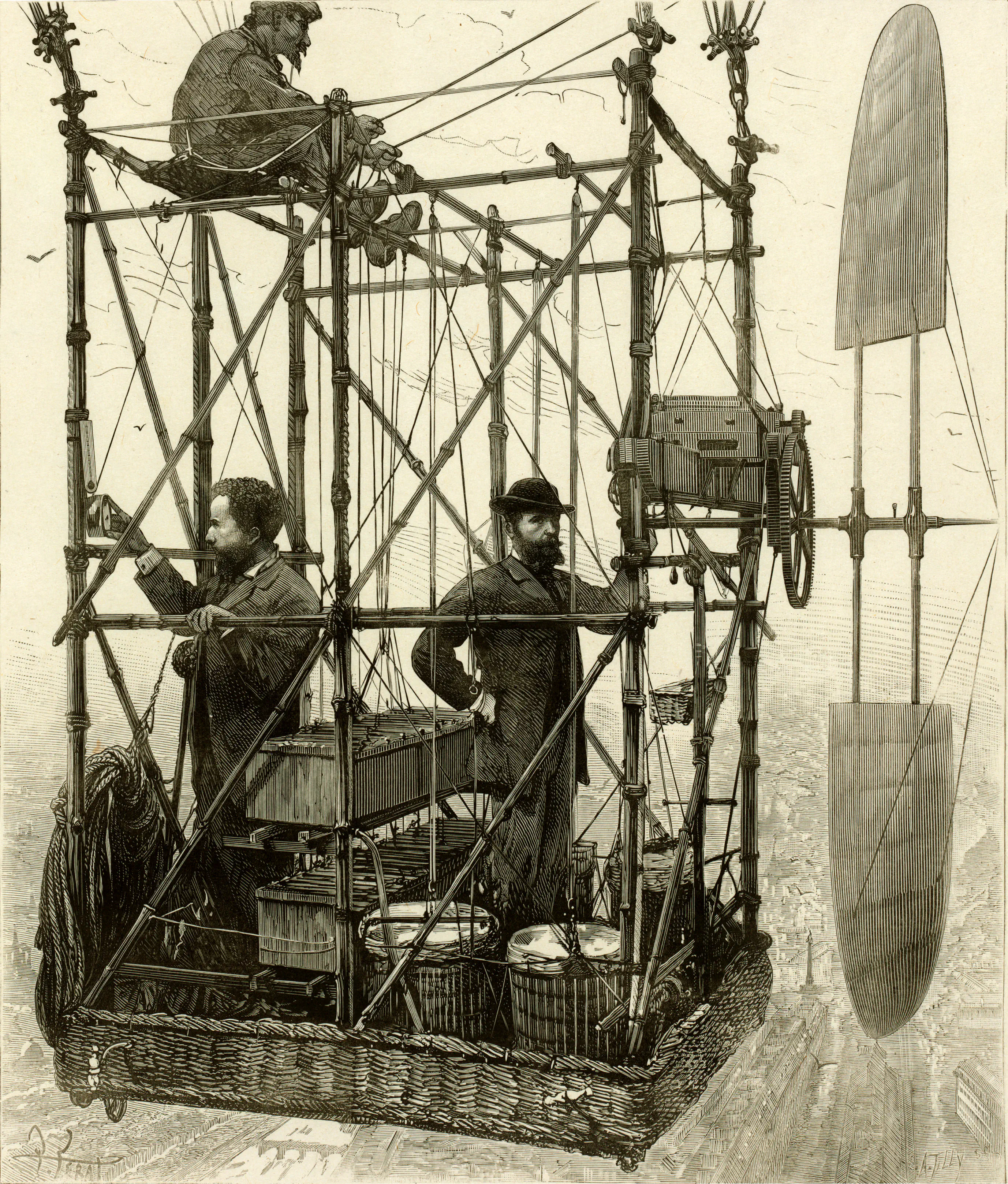 The Tissandier electric airship’s gondola. Credit Library of Congress.