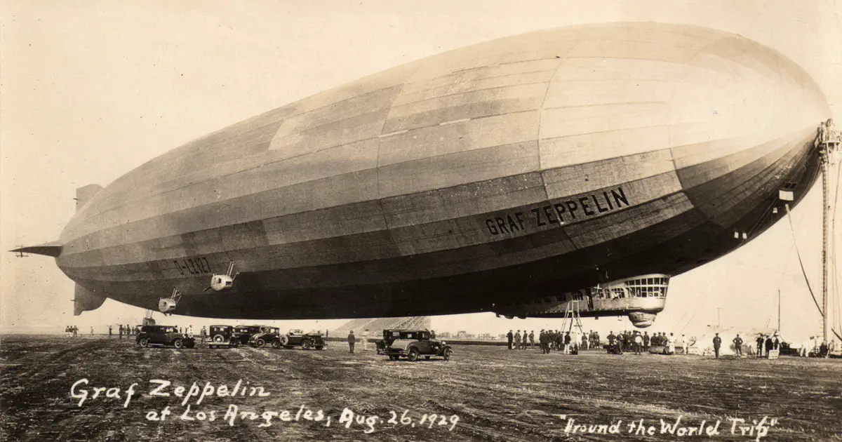 A photograph of the LZ 127 Graf Zeppelin in Los Angeles, during its around the world trip.