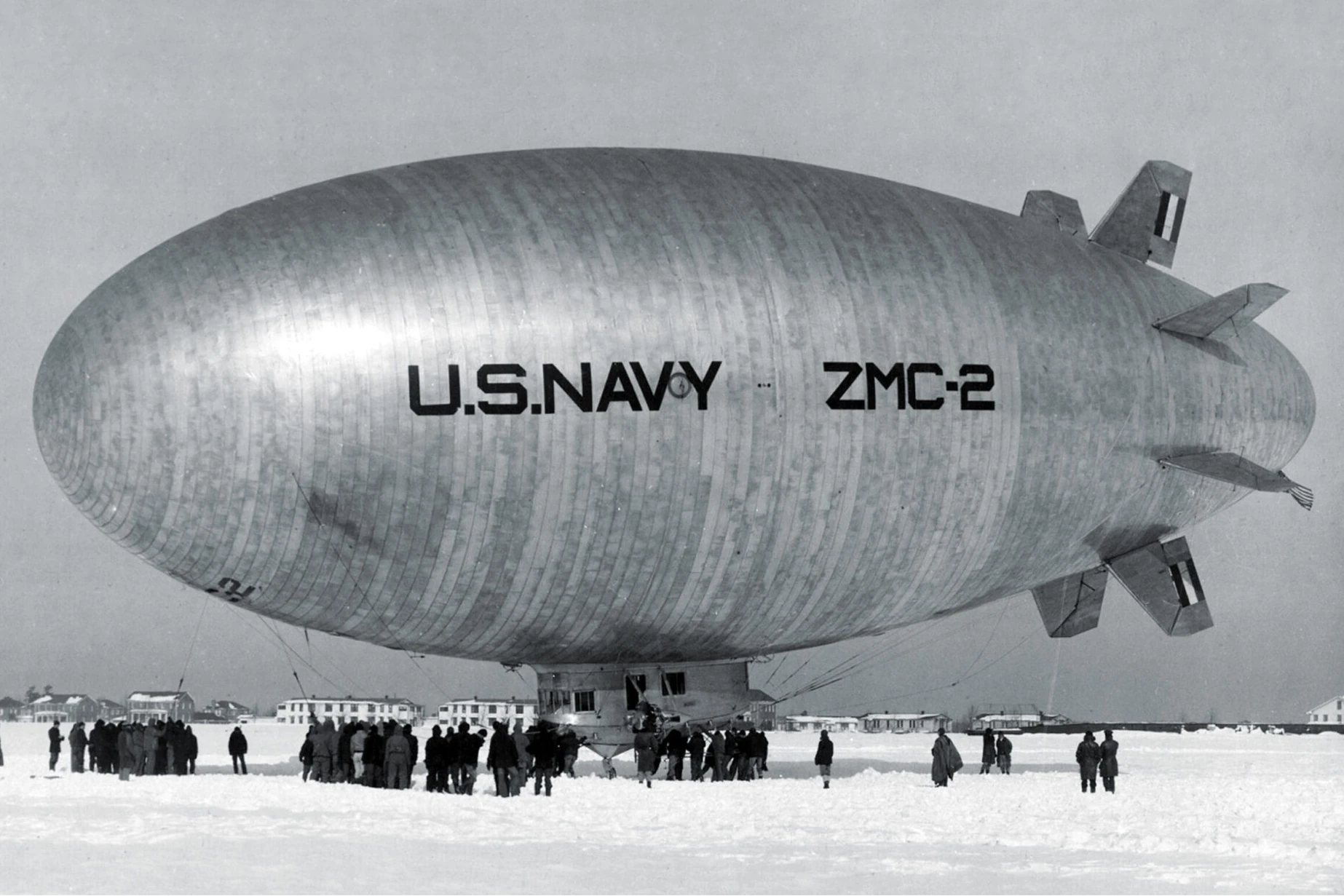 The ZMC-2, the only successfully operated metal-skinned airship. Nicknamed “the Tin Blimp”, it first flew in 1929 and featured a volume of 5,667 m3. Also noteworthy are its low fineness ratio (2.83) and its 8 radially arranged tail fins.