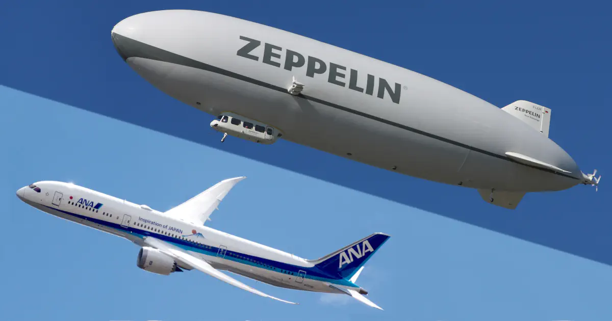 The image is split into two parts, a top and a bottom part. The top part is an image of the Zeppelin NT, the bottom an image of the Boeing 787.