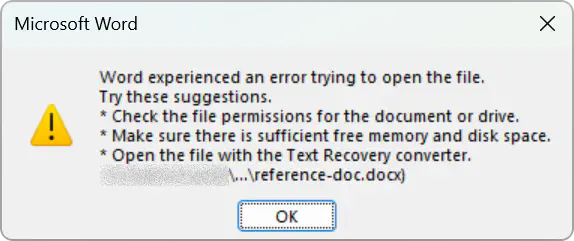 The message MS Word displays when it is asked to open an invalid DOCX file.