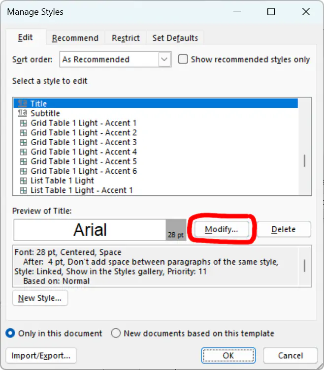 MS Word’s styles list