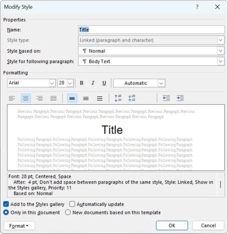 The ‘Modify Style’ window