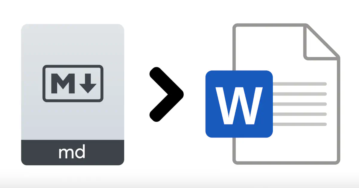 A markdown file icon on the left, and a Word file icon on the right. An arrow points between them, from the markdown file icon to the Word file icon.
