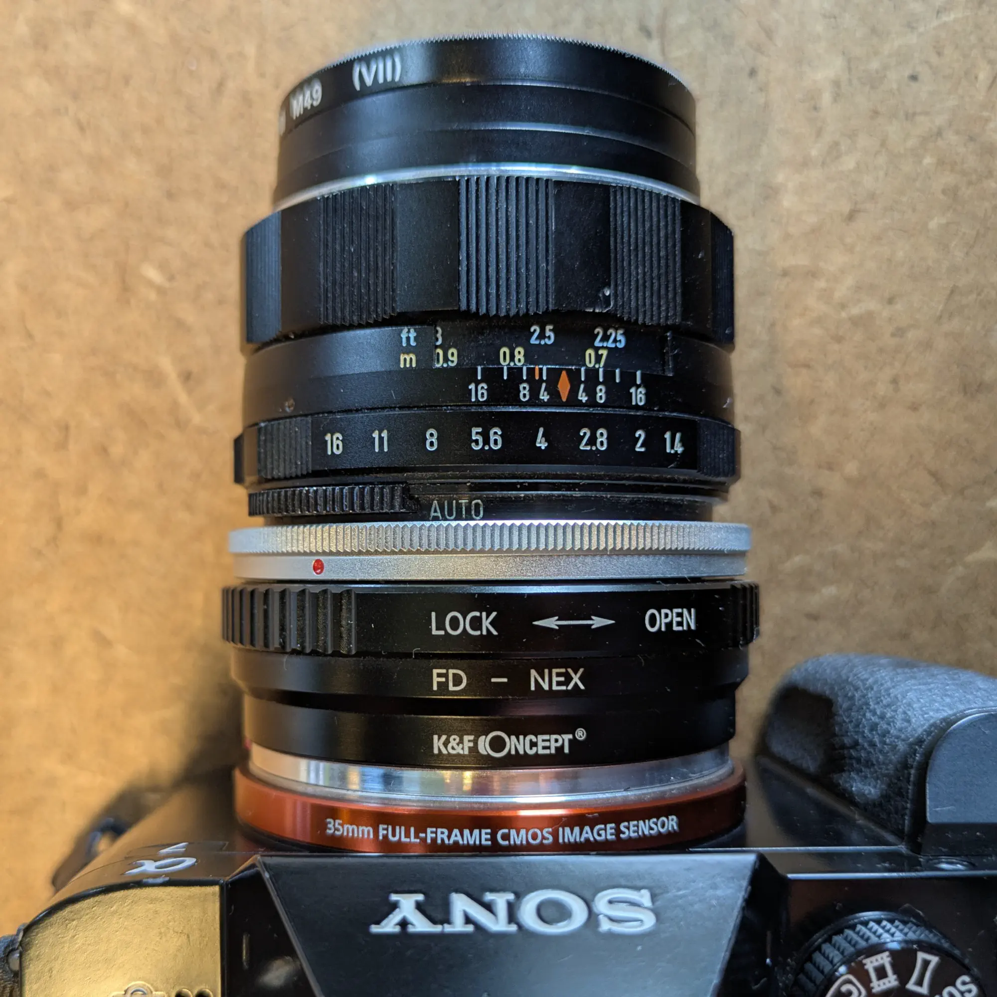 The adapted Super TAKUMAR 50mm f/1.4 lens.
