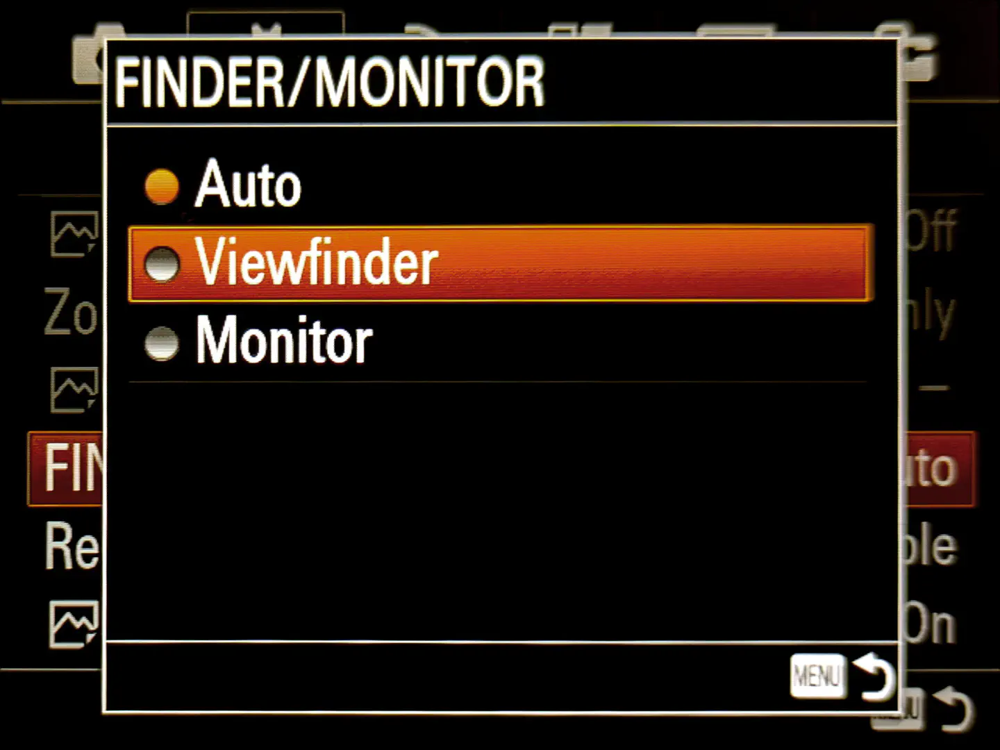 Select “Viewfinder” to switch off the monitor.