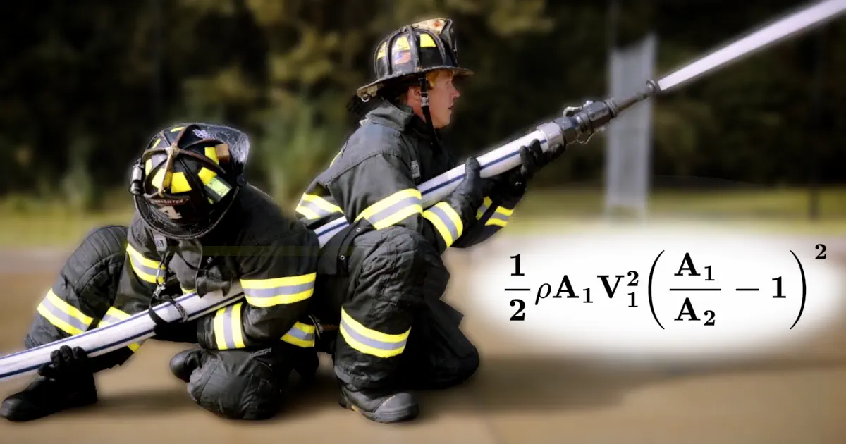 Two firefighters holding a fire hose in a training situation, with water coming out of it. In the bottom right hand corner of the image an equation for the equilibriating force on the nozzle is overlaid onto the image.