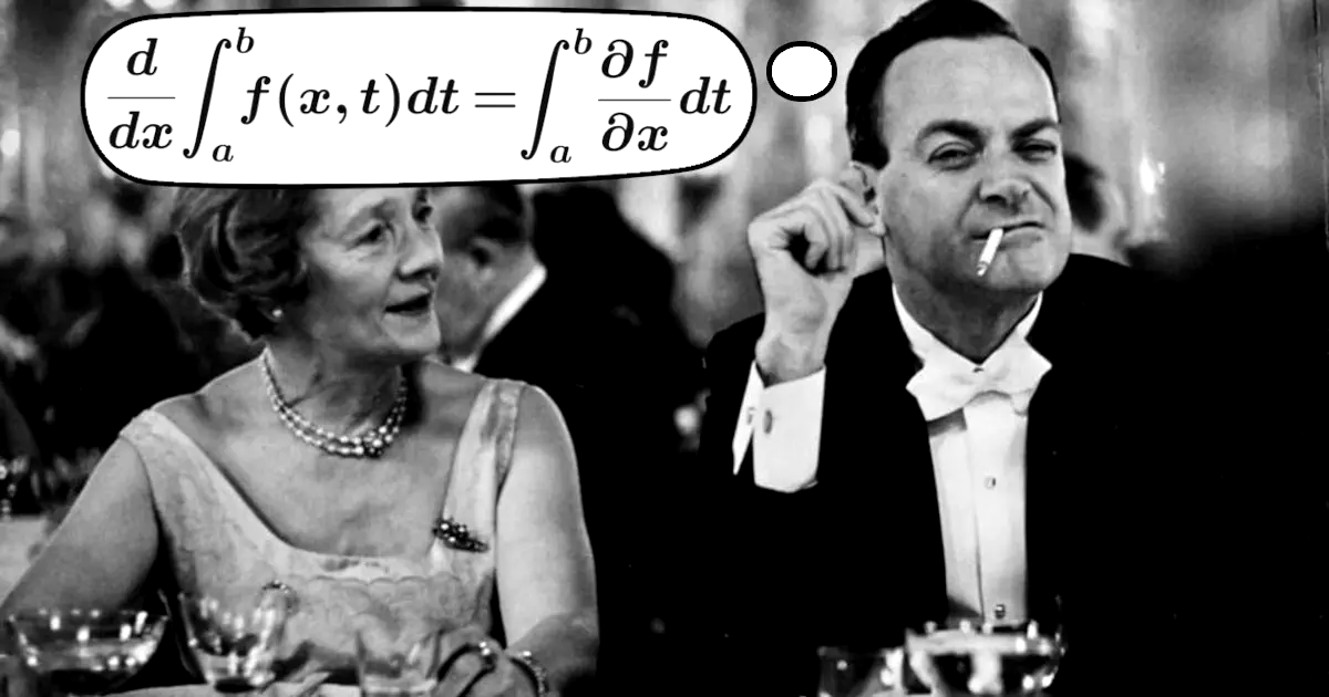 Richard Feynman at the 1965 Nobel Banquet making a funny face with a cigarette in his mouth, and a thought bubble next to his head containing the Leibniz Integral Rule formula.