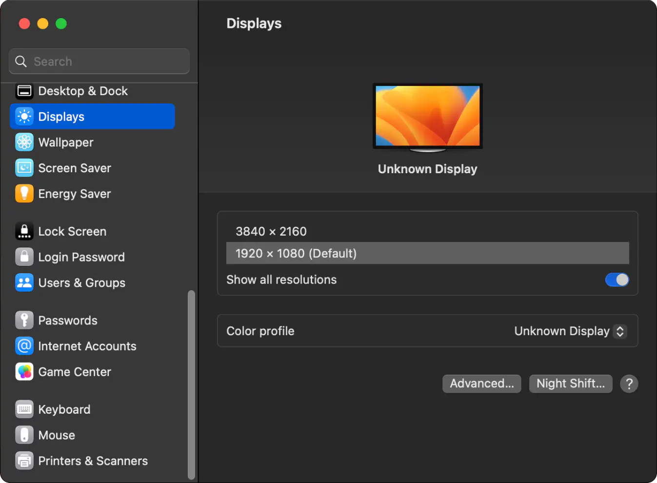 MacOS display settings.