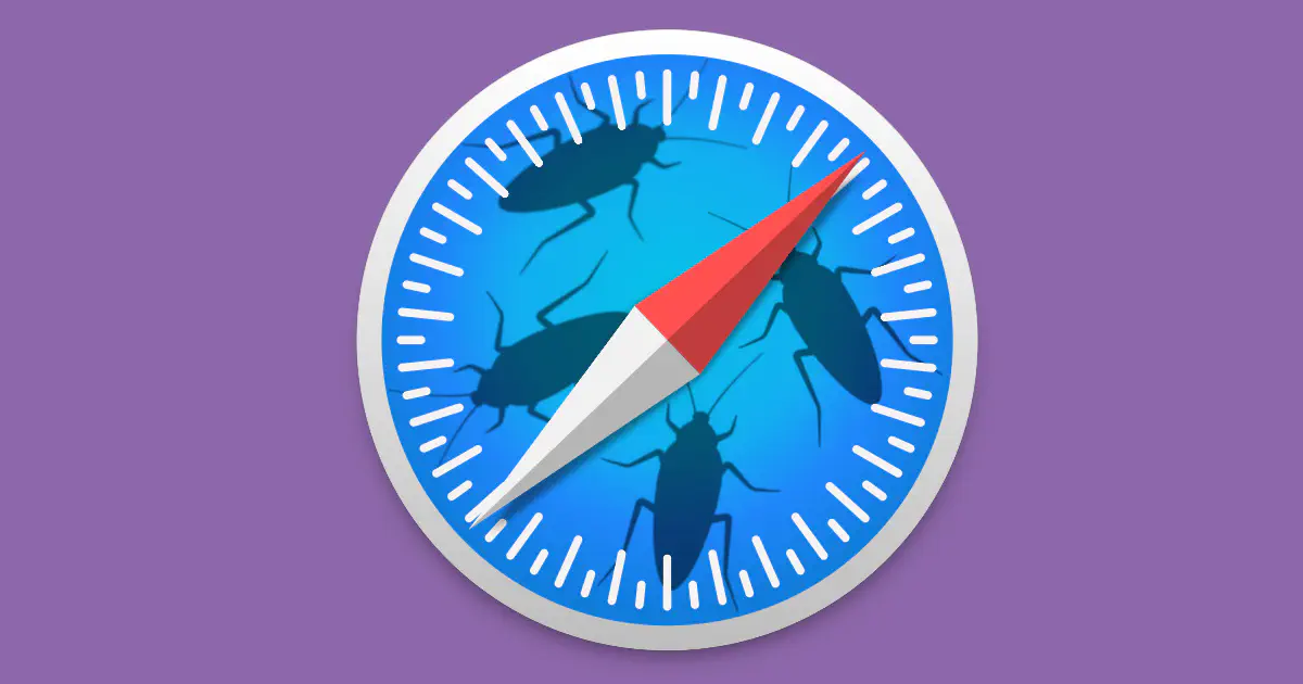 The Safari browser logo (a blue compass with a red and white compass needle), with four cockroaches crawling underneath the compass glass.